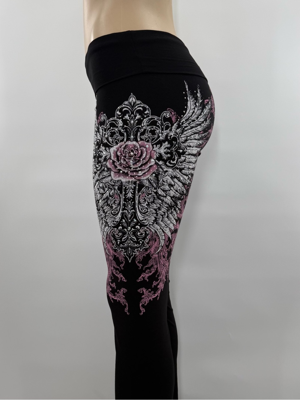 Y2K Rhinestone Rose Cotton Foldover Bootcut Leggings Black NWOT